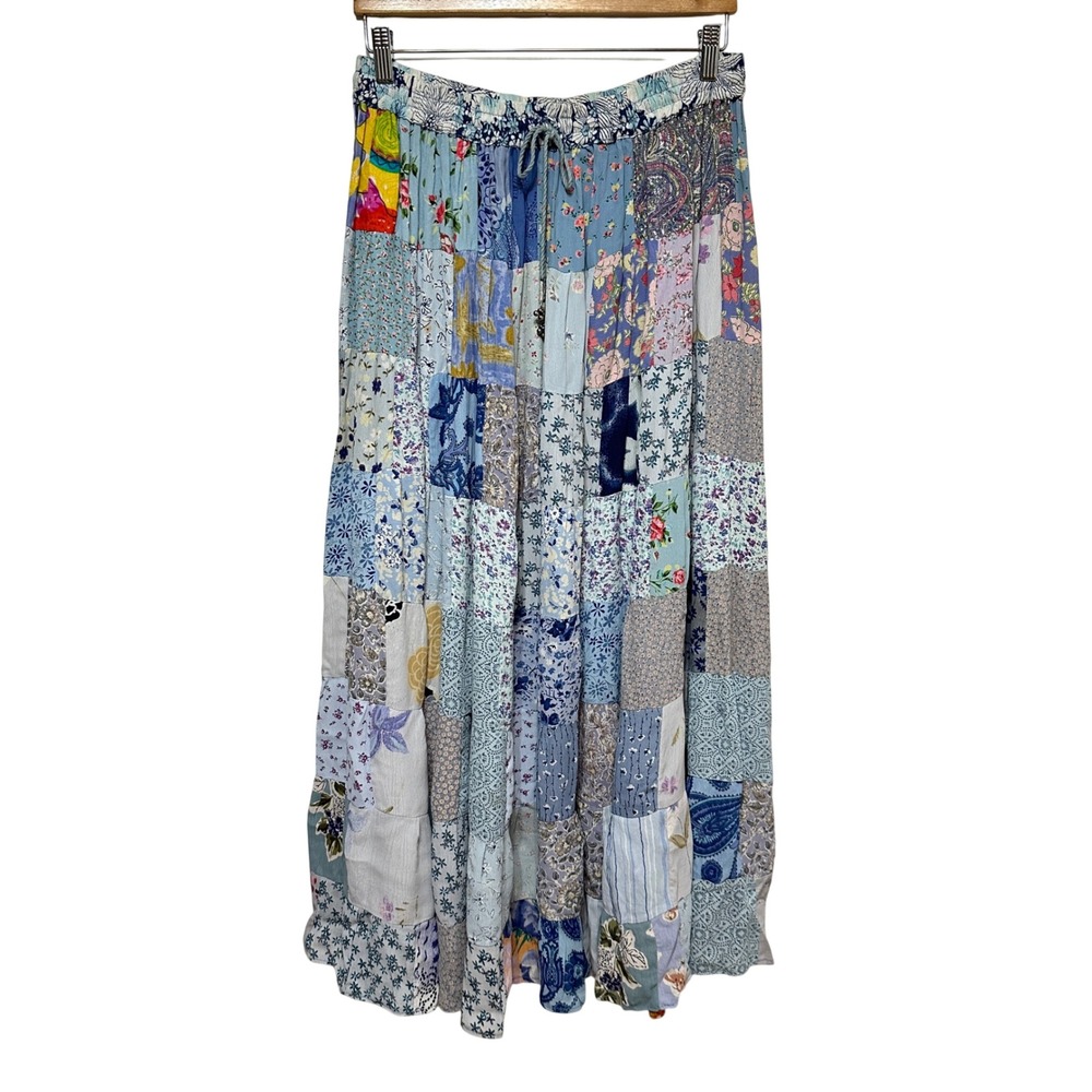 Vintage Advantage Patchwork Maxi Skirt Blue Floral Rayon Boho One Size *Flaw